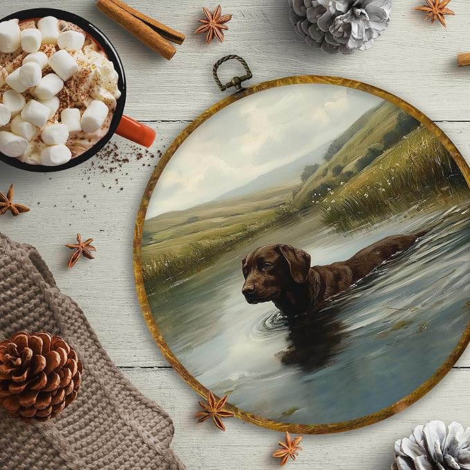 CUANFDDSF Rustic Country Chocolate Labrador Retriever Round Wall Art, Chocolate Lab Gifts Framed Hanging Wall Decor, Antique Farmhouse Dog Canvas Prints Decorations for Bedroom, 10x10 Inch