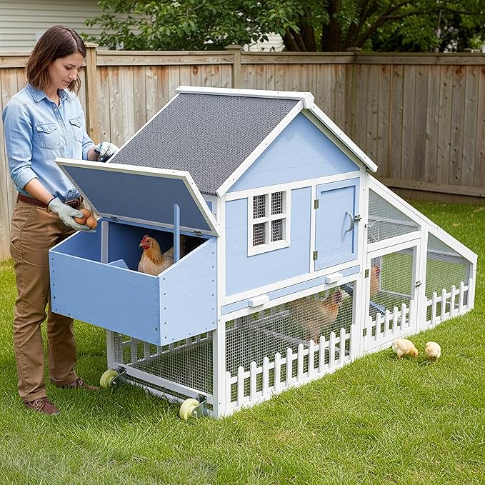 Weatherproof Wooden Chicken Coop – Indoor & Outdoor Walk-in Hen House with Run, Nesting Box, and Pull-Out Tray – Portable Backyard Poultry Cage for Easy Cleaning and Predator Protection