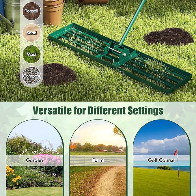 Happygrill Lawn Leveling Rake, Heavy Duty Lawn Level Tool for Soil w/67” Handle, Dirt Ground Leveler, Effort-Saving Landscape Rake for Garden, Backyard, Golf Course, Farm, Pasture (42" x 10", Green)