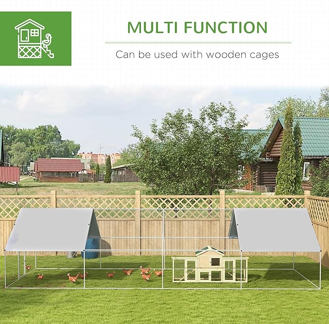 PawHut Large Chicken Coop Metal Chicken Run with Waterproof and Anti-UV Cover, Spire Shaped Walk in Fence Cage Hen House for Outdoor and Yard Farm Use, 1.26" Tube Diameter, 9.8' x 26.2' x 6.4'