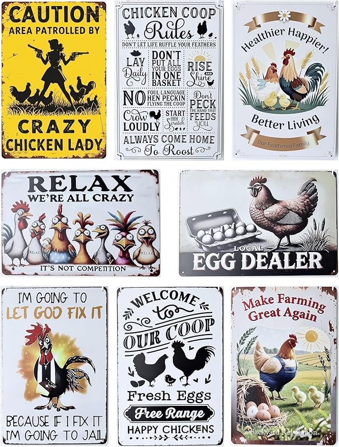 8 Pack Chicken Coop Signs, Funny Metal Farm Decor Outdoor, Rustproof Vintage Signs for Chicken Lovers, Farm House Personalized Gifts for Yard Fence Decor 12x8 Inches