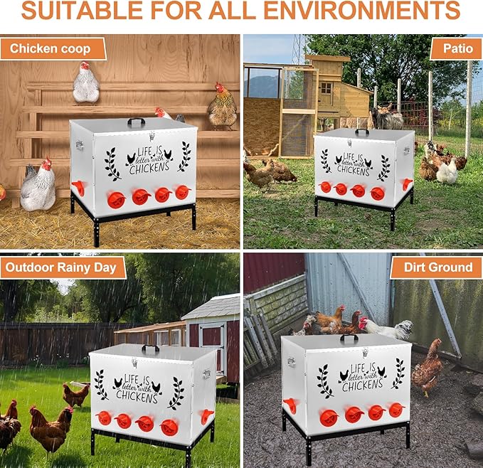 Chicken Feeder Metal, 95LB Large Chicken Feeder with 10 No Waste Feeding Ports, Galvanized Chicken Feeders with 4 Adjustable Legs & Locking Lid