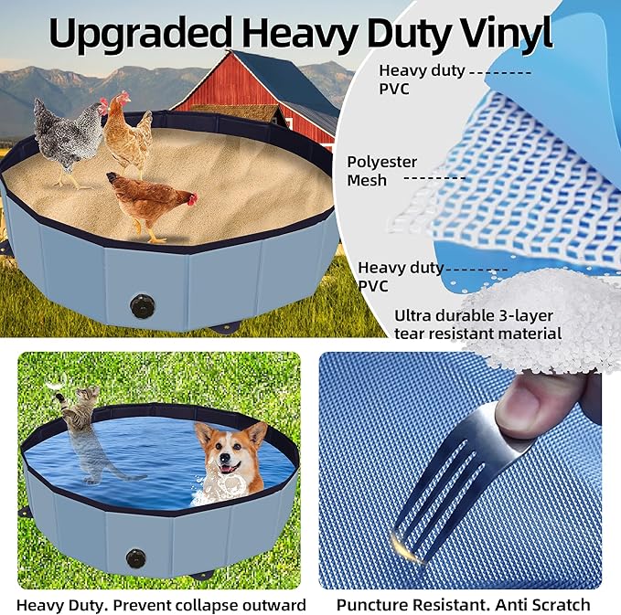 Chicken Dust Bath Tub, Chicken Coop Lime Cleaner Container, 32" D X 8" H PVC Material Foldable Portable Essential Chicken Coop Dusting Accessory. (Blue)