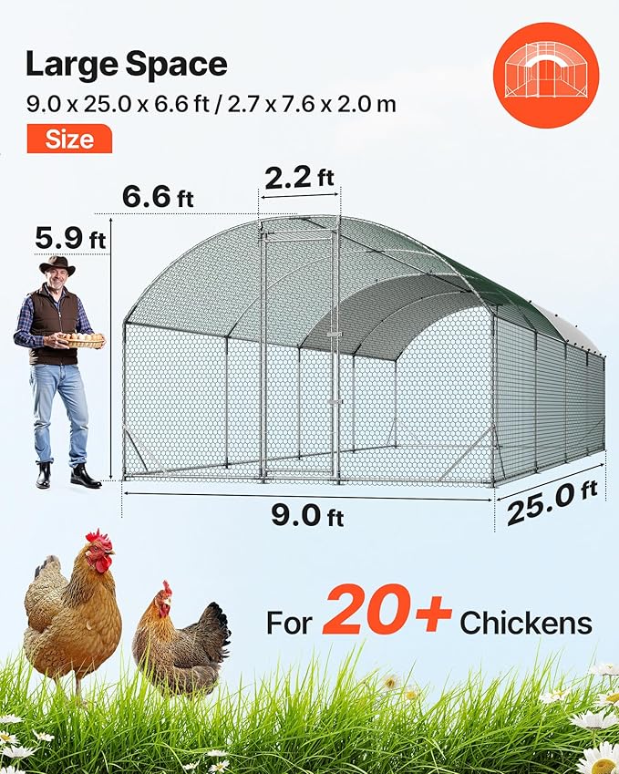 VEVOR Large Metal Chicken Coop, 9 x 25 x 6.6 ft, Walk-in Chicken Run House with Waterproof Cover & Sturdy Frame, Dome Roof Poultry Cage Duck Pen for Rabbit Hen Goose Outdoor Backyard Farm Use