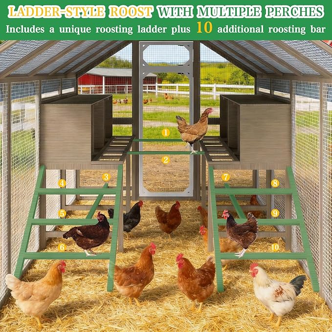 Large Wooden Chicken Coop, Walk-in Chicken Run with Waterproof Cover, Large Poultry Cage for Yard Farm Backyard Hen House, Duck Coop and Rabbit Run with Nesting Boxes, for 8–12 Chickens