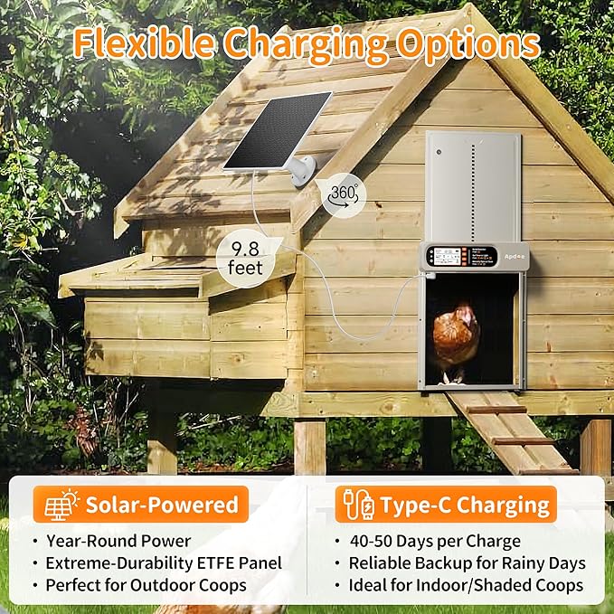 Automatic Chicken Coop Door Solar Powered with Timer, Light Sensor, Remote Control, Anti-Pinch, Waterproof, Aluminum Coop Door, 4 Auto Modes, Comfort Larger Size Duck Chicken Turkey House Door