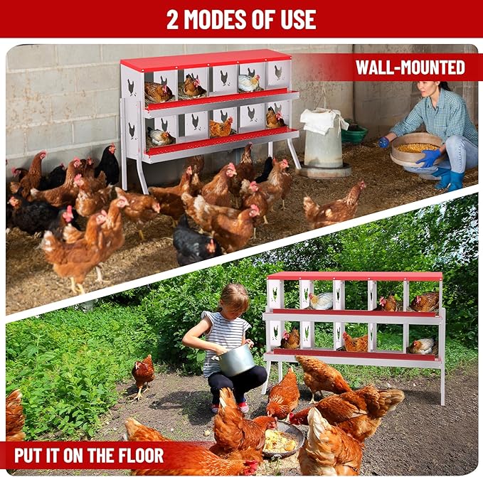 Chicken Nesting Boxes,10 Compartments Galvanized Steel Metal Laying Boxes with Leg,Pull-Out Egg Box Easy Egg Collection & Clean,Wall Mount Suitable for Farm Chicken House,Red