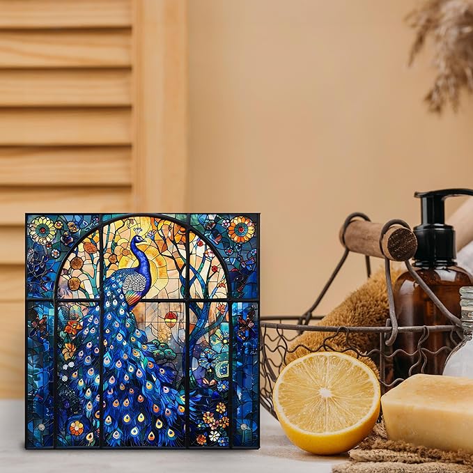 Peacock Gifts Wooden Sign - Peacock Feather Art Church Decor, Rustic Colored Glass Art Wooden Box Sign for Home Library Cafe Bathroom Table Desk Shelf Decoration, 5x5 Inch