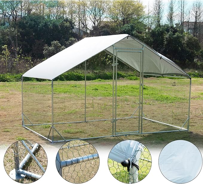 Large Metal Chicken Coop Walk-in Poultry Cage Hen Run House Habitat Spire Shaped Cage with Waterproof and Anti-Ultraviolet Cover for Outdoor Backyard Farm Use (6.5’ L × 9.84’ W)