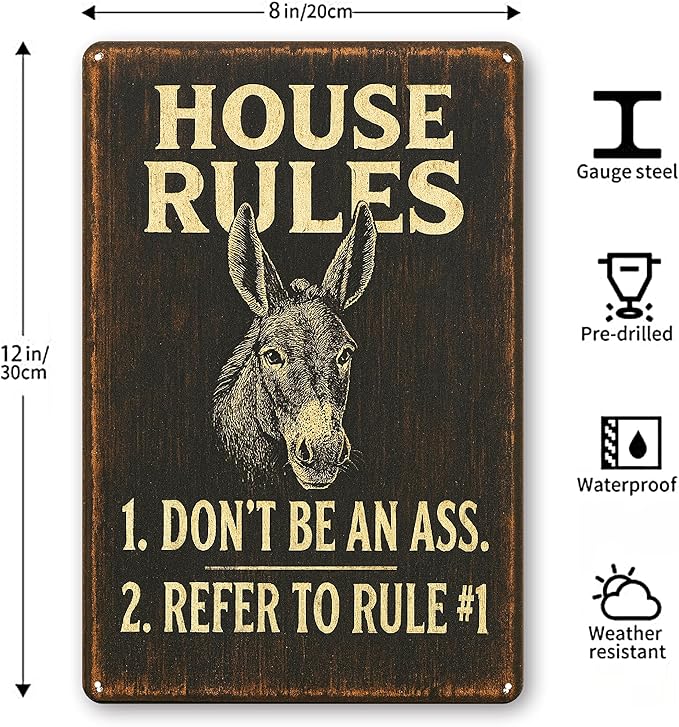 Funny Bar Signs for Home Bar Decor, Vintage Man Cave Wall Decor, Metal House Rules "Don't Be An Ass" Sign, Cool Things for Your Bar, Game Room, Garage, Kitchen, Bar Gifts for Men - 8x12 Inch