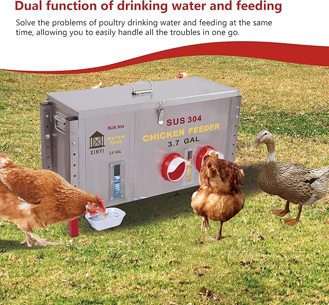 Stainless Steels Chicken Feeder and Waterer, Gravity Feeder with Adjustable Legs, Aluminum Alloy Water Cup, Automatic Feeder Waterpoof and Sturdy, Transparent Water Observation Window, 3.7 Gallon