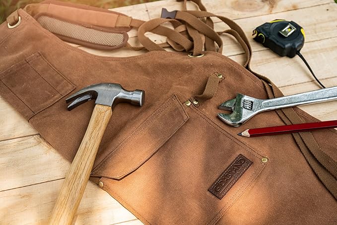 Woodworking Shop Aprons for Men and Women | 16 oz Durable Waxed Canvas Work Apron with Pockets | Cross-Back Straps | Adjustable Tool Apron Up To XXL | Gift for Woodworker - Bring a Smile to Their Face