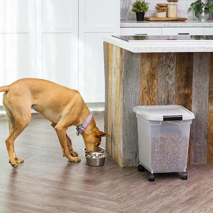 IRIS USA Airtight Dog Food Storage Container, WeatherPro, Up to 25 lbs, Removable Wheels, for Dog Cat Bird and Other Pet Food Storage Bin, Keep Fresh, Translucent Body, Made in USA, Clear/Gray