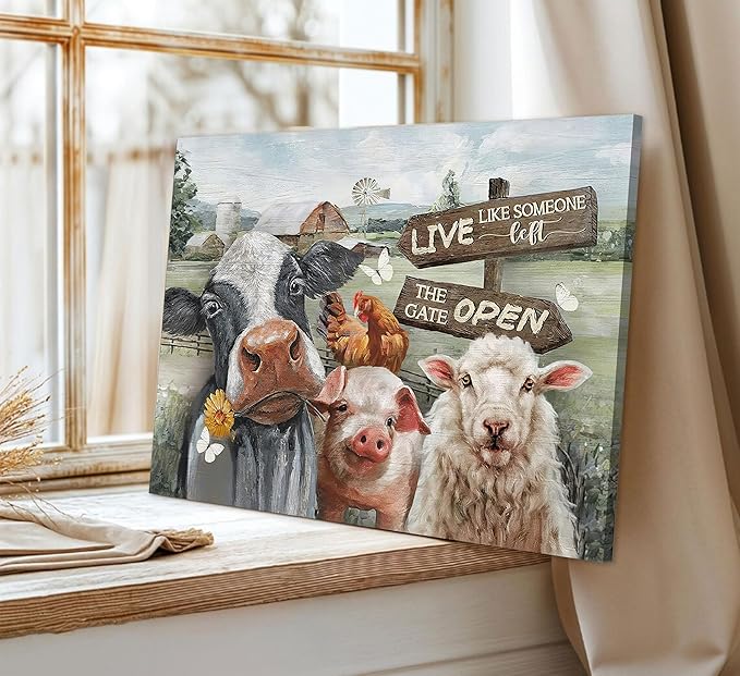 Funny Farm Animals Canvas Wall Art Rustic Farmhouse Poster Print Picture Cute Cow Sheep Pig Chicken Barn Country Sign Painting Artwork Wall Decor for Dining Room Bedroom Kitchen 12x16in Framed