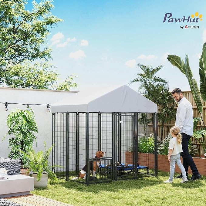 PawHut 6' x 4' x 6' Outdoor Dog Kennel, Welded Wire Dog Kennel Outside Run with 360° Rotating & 4 Level Adjustable Bowls, Waterproof & UV Resistant Cover, for S&M Breeds, Chickens, Ducks, Silver