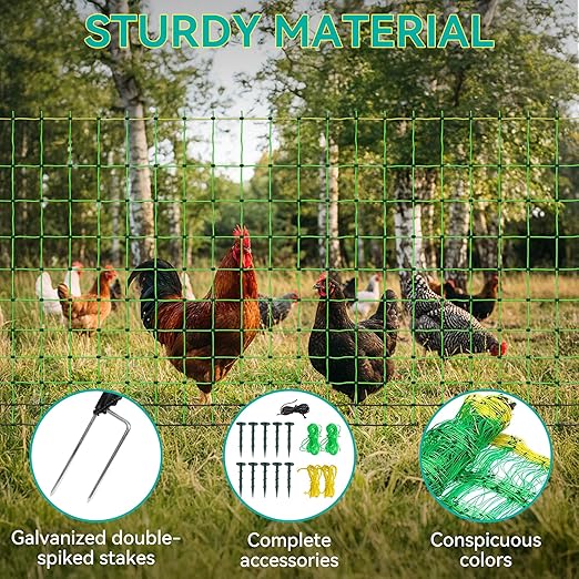 Electric Poultry Fence Netting - 164'L x 47.5" H, Portable Movable Nets Mesh for Chickens, Ducks, Geese, Rabbits, Electric Fencing for Backyards, Homesteaders, Farms Ranches, and Gardens