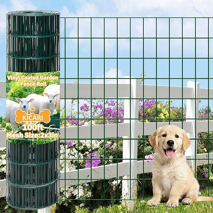 Green Metal Garden Fence, 60inch(H) x 100ft(L), 2 inch x 3 inch,14GA 2/3/4/5/6 Ft Tall Chicken Wire PVC Coated Welded Wire Mesh Roll for Dogs Border Yard Vegetable Plant Protection Poultry Netting
