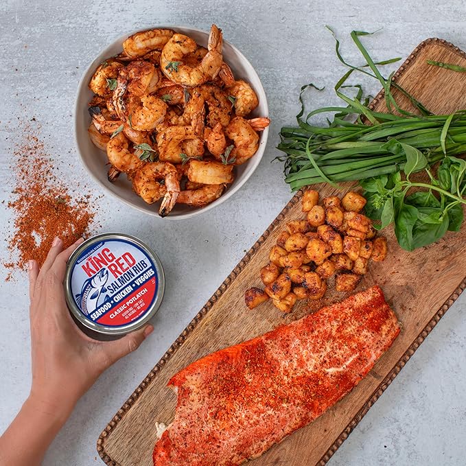 King Red Salmon Rub – Classic Potlatch Seasoning Dry Spice Blend - Grilled Salmon, Seafood and Veggies – All Natural, Gluten-Free, Keto, Low Salt and No MSG – 3oz Fresh-Sealed Pouch in Reusable Tin