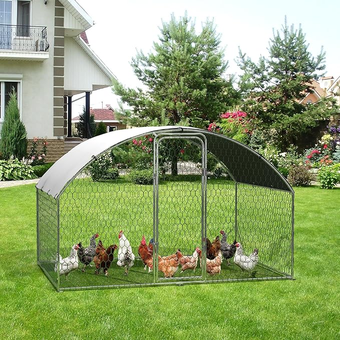 Large Metal Chicken Coop, Metal Chicken Run with Waterproof and Anti-Ultraviolet Cover for Outside, 9.8 x 6.5 x 6.5 Ft Walk-in Poultry Cage, Outdoor Chicken Pen for Backyard and Farm