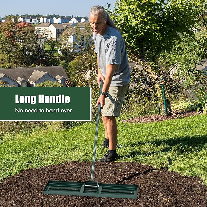 Happygrill Lawn Leveling Rake, Heavy Duty Lawn Level Tool for Soil w/67” Handle, Dirt Ground Leveler, Effort-Saving Landscape Rake for Garden, Backyard, Golf Course, Farm, Pasture (36" x 10", Green)