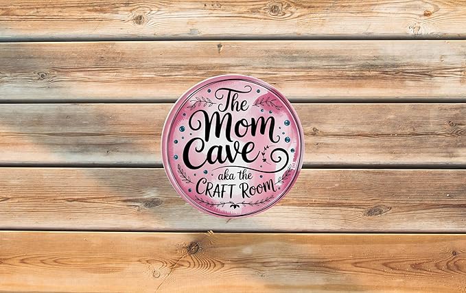 AWISZZZ Mom Cave Craft Room Metal Sign 8x8in Round Boho Plaque for Mothers Wall Decor DIY Gift