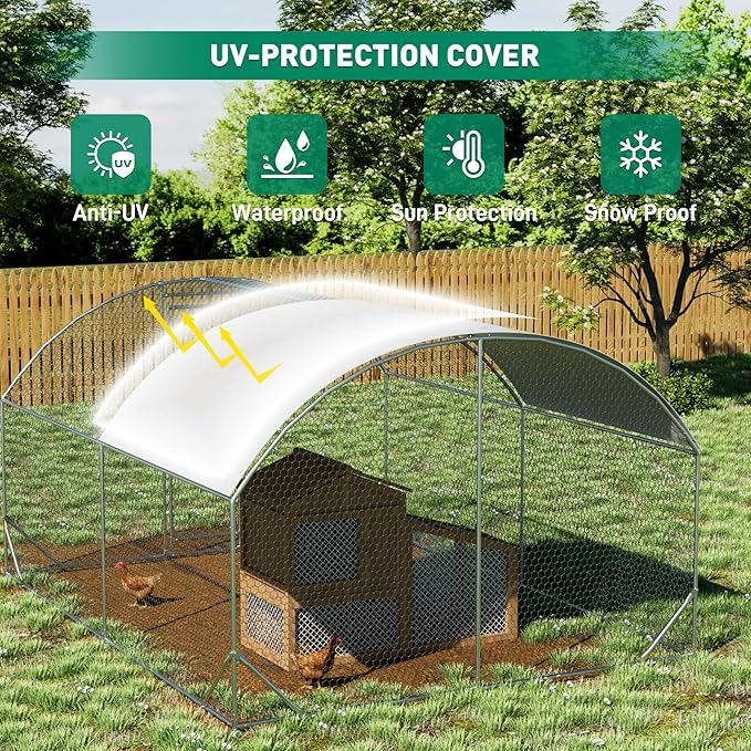 OUYESSIR Outdoor Metal Chicken Coop, Large Walk-in Chicken Run Pen with Waterproof Cover, Rabbit Habitat Dome Roof Dome Poultry Cage for Backyard Farm Use (10'W x 13'L x 6.5'H)
