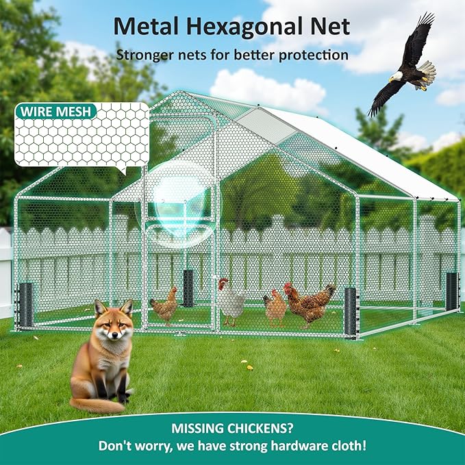 Large Metal Chicken Coop, Walk-in Chicken Run with Feeding Door, Security Lock and Cover, Outdoor Duck/Rabbit Cage Poultry Pen for Backyard, Farm, Yard (Silver - Spire Roof, 13.1 x 9.8 x 6.5 FT)