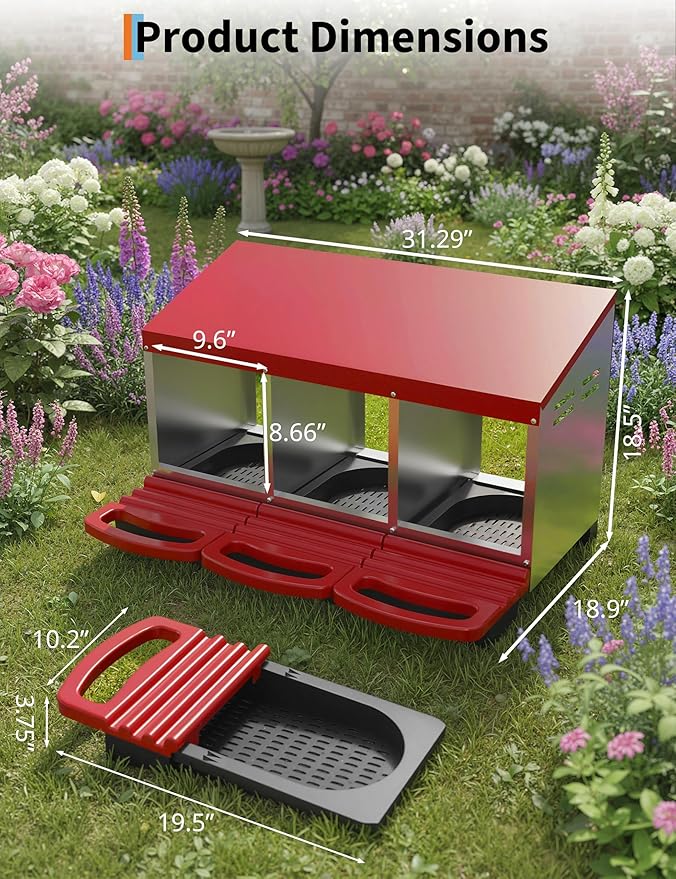 Metal Chicken Nesting Box with Easy-Collect Tray & Lid – 3/4/2x2 Compartment Heavy Duty Roll Away Nesting Boxes for Chickens, Wall Mount or Freestanding, Galvanized Steel Hen Laying Box for Coop