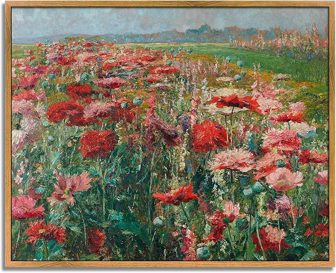Farmhouse Flower Artwork Framed Red Wildflower Painting Vintage Flower Pictures Blooming Flowers Poster Nature Wildflower Wall Art Farmhouse Botanical Artwork Rustic Floral Paintings 8x10inch Framed