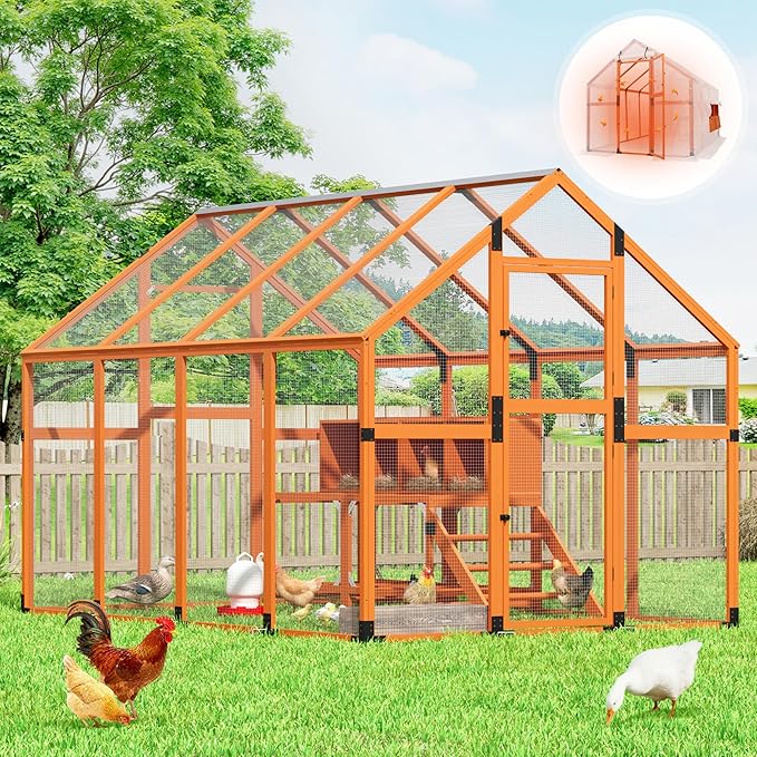 Extra Large Chicken Coop Run, Outdoor Wooden Chicken House Insulated with Waterproof Cover for Winter, 4 Nesting Boxes, Roosting Bars for 10-15 Chickens, Backyard, Farm, 9' x 6' x 6' (Orange)