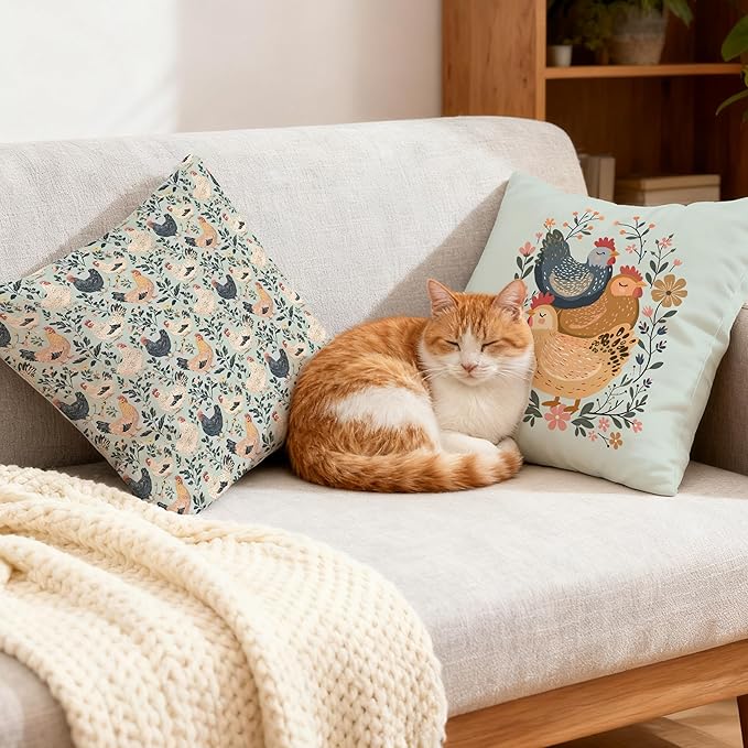 Rustic Floral Chicken Pillow Covers 18x18, Chicken Lover Lady Mom Gifts, Cottagecore Flower Farmhouse Hen Decorative Throw Pillow Covers for Home Bedroom Living Room, Set of 2,Color-2