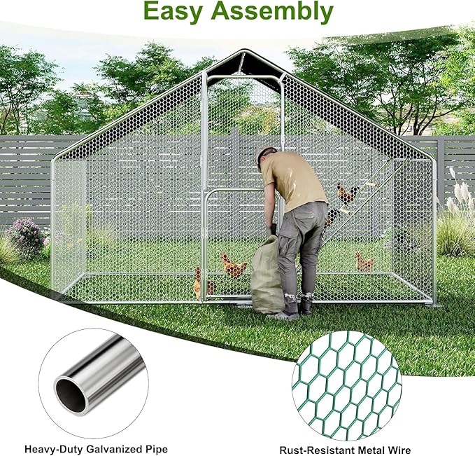 Amopatio Metal Large Chicken Coop 9.8x6x6 FT Walk in Chickens Run with Chicken Roosting Perch, Outdoor Chicken House with Security Lock and Split Door for Farm, Yard, Backyard