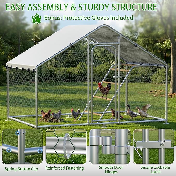 Large Metal Chicken Coop with Roosting Perch, UV-Resistant and Waterproof Cover, Chicken Run Outdoor Walk-in Cage Rabbit Duck Hen House for Yard Farm Use Spire Roof (10’ W x 4.9’ L x 6.4’ H)