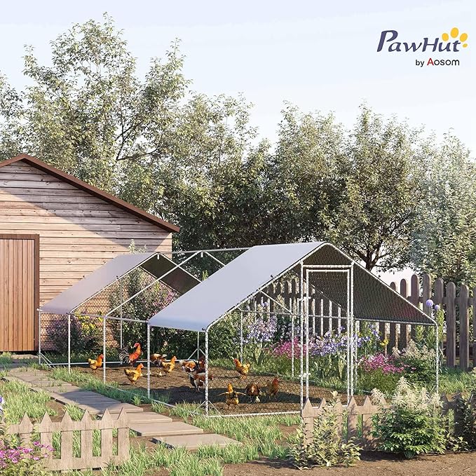 PawHut Large Chicken Coop Metal Chicken Run with Waterproof and Anti-UV Cover, Spire Shaped Walk in Fence Cage Hen House for Outdoor and Yard Farm Use, 1" Tube Diameter, 9.8' x 26.2' x 6.6'