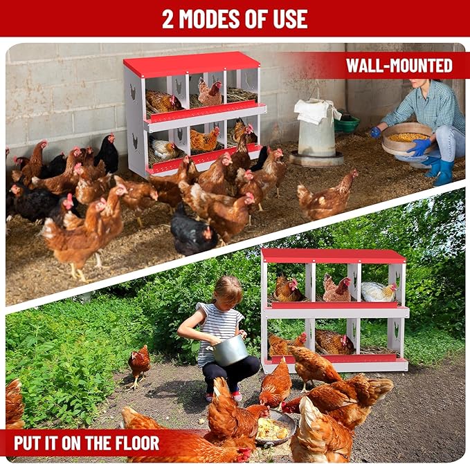 6-Compartment Metal Chicken Nesting Box - with Perch, Secure Lid & Metal Legs, Wall-Mount or Free-Standing Nesting Boxes for Hens