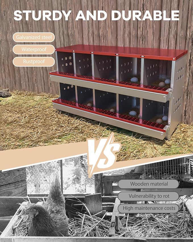 Chicken Nesting Boxes 8 Compartments, Metal Chicken Nesting Boxes, Waterproof & Rustproof Laying Boxes for Hens, Ventilation & Perch, Roll Away Egg Laying Box for Hens,Wall-Mountable & Freestanding