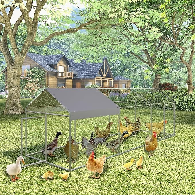 Large Metal Chicken Coop Run with Cover, 120"×40"×40" Portable Poultry Cage Walk in Hen House for Outdoor Chicken Rabbit Duck,Backyard Farm Animal Enclosure Crate Sliver