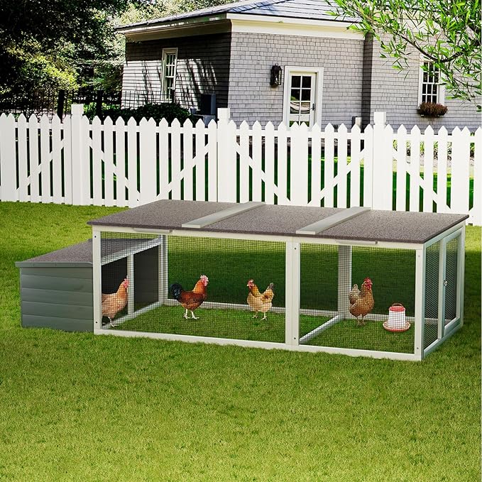 85.6" Large Chicken Coop with Nesting Box, Outdoor Wooden Hen House with Weatherproof Asphalt Roof and Secure Lock, Walk-in Poultry Chicken Cage with Metal Mesh Run for Outside, Backyard, Farm, Gray