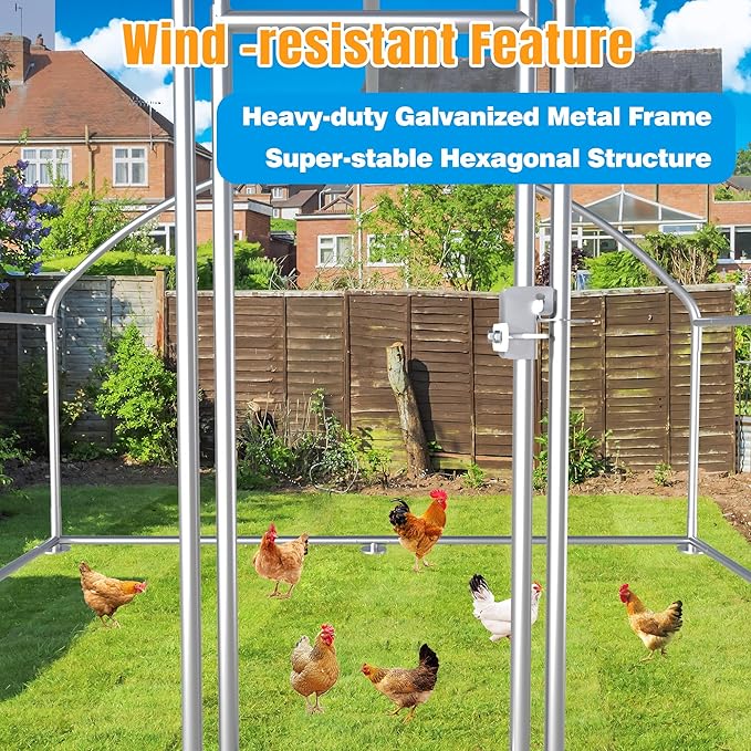 Large Metal Chicken Coop, Chicken Runs for Yard with Cover Walk-in Poultry Cage for 8 10 16 Chickens,Chicken Pen Duck Coop with Round Water-Resident Top and Feeding Door,Hen House 6.4Lx9.84Wx6.23'H FT