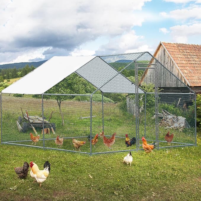 VINGLI Large Metal Chicken Coop for Chickens, Walk-in Chicken Run with Waterproof Anti-UV Cover, Heavy-Duty Chicken Pen with Security Lock for Outdoor Backyard Farm Use (9.8'Lx9.8'Wx6.5'H)