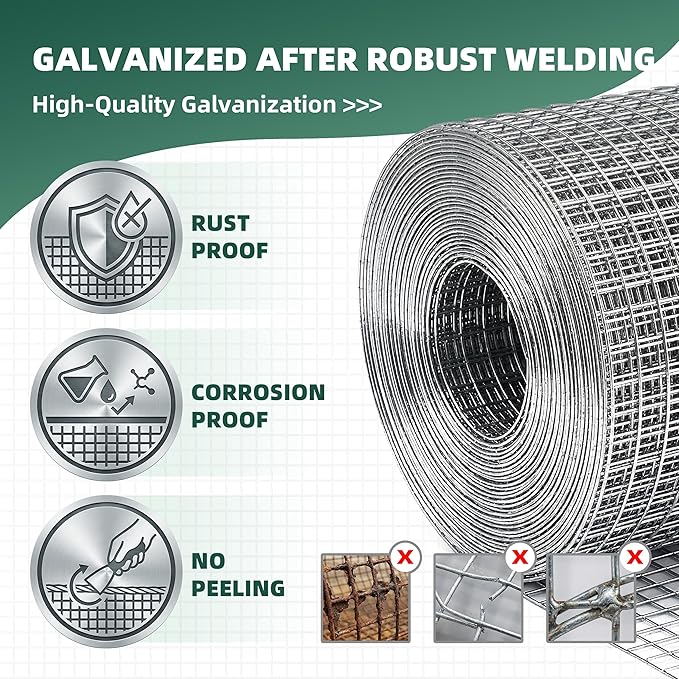 16 Gauge Galvanized Hardware Cloth 48in x 100ft Silver 1 inch Welded Garden Fence Roll for Gardens, Chicken Coops & Poultry Animal Netting Cage
