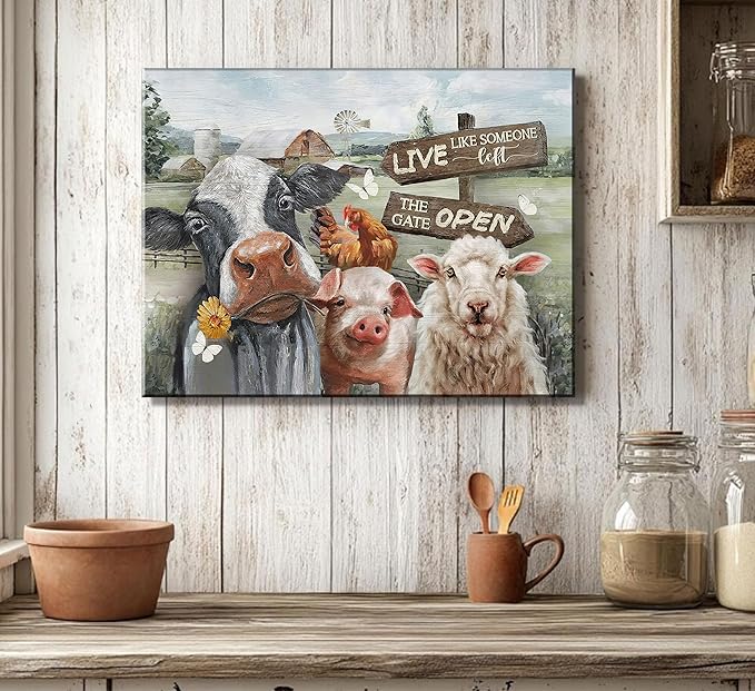 Funny Farm Animals Canvas Wall Art Rustic Farmhouse Poster Print Picture Cute Cow Sheep Pig Chicken Barn Country Sign Painting Artwork Wall Decor for Dining Room Bedroom Kitchen 16x24in Framed