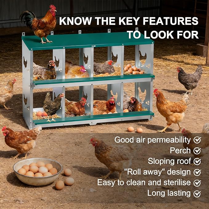Chicken Nesting Box 8 Compartment with 10 Pet Moisture Pads and 4 Fake Eggs Roll Away Egg Collection, Perch, Lid Cover for Egg Protection - Wall Mount Nest Box for Chickens, Hens, Ducks
