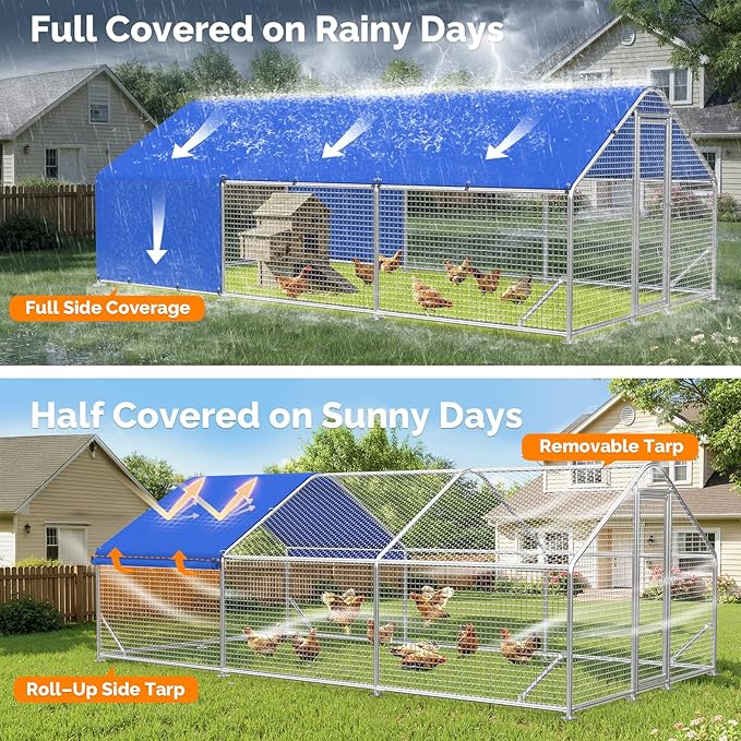 Large Metal Chicken Coop with Galvanized Hardware Cloth, Chicken Coop Run Pen for Yard with Waterproof Cover, Outdoor Large Walk-in Chicken Coops for 30 Chickens Duck Pen House Cage Run