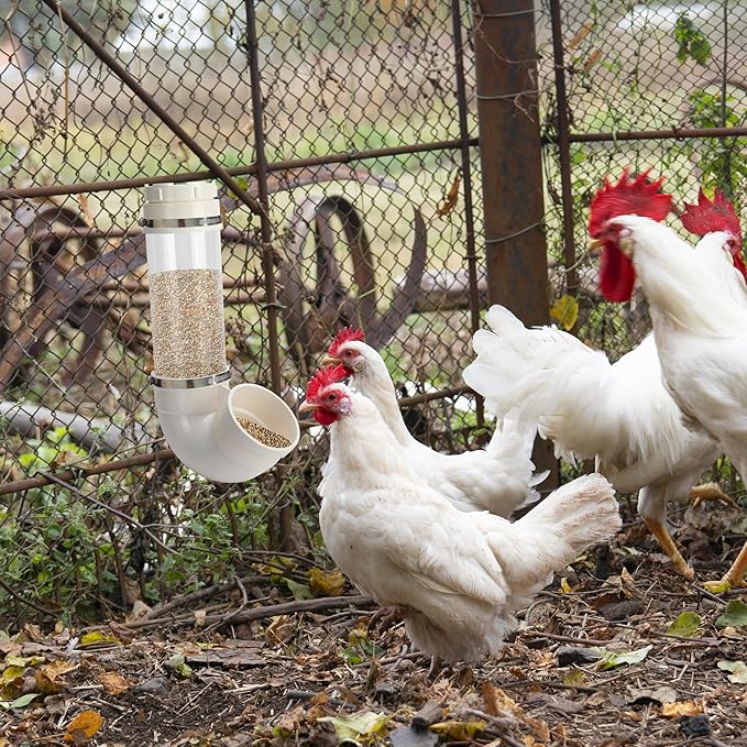 EBaokuup Visible Automatic Chicken Feeder-17 Inch PVC Pipe Poultry Feeders No Waste-Large Hanging Gravity Chicken Feeder for Coop Ducks Turkeys Geese(5.6 Pound)
