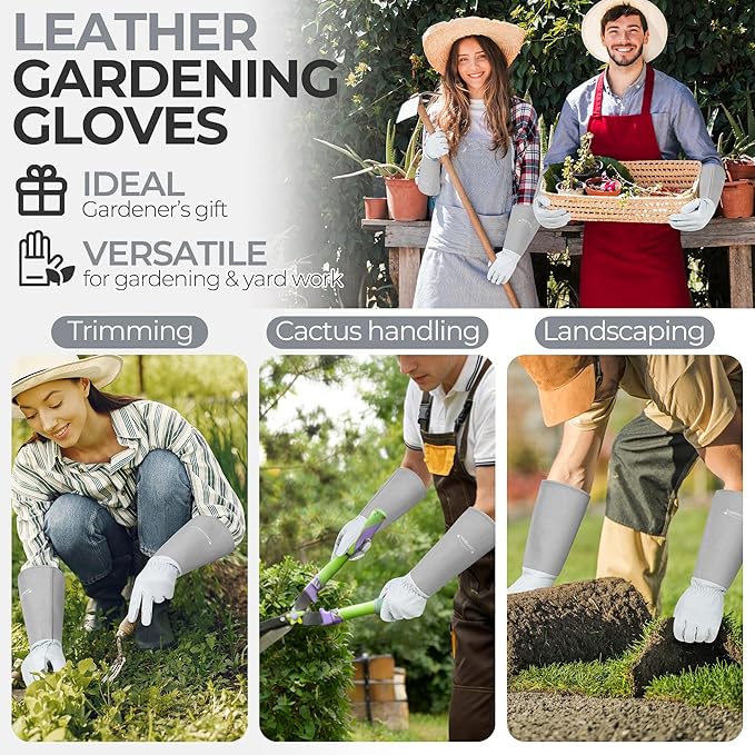 HANDLANDY Long Gardening Gloves for Men & Women, Thorn Proof Rose Pruning Gloves Leather Gauntlets Garden Glove Yard Work Glove (Silver Gray, Medium)