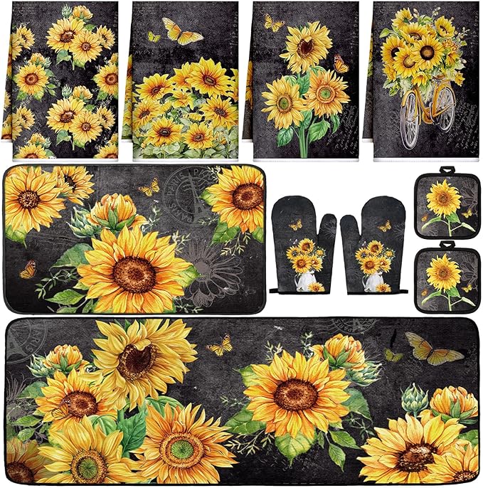 10 Pcs Vintage Sunflower Kitchen Dish Towels Rugs Oven Mitts and Pot Holders Set Farmhouse Kitchen Decor Set for Women Mom Daughter Gift Cooking Baking Grilling(Vintage Gray)