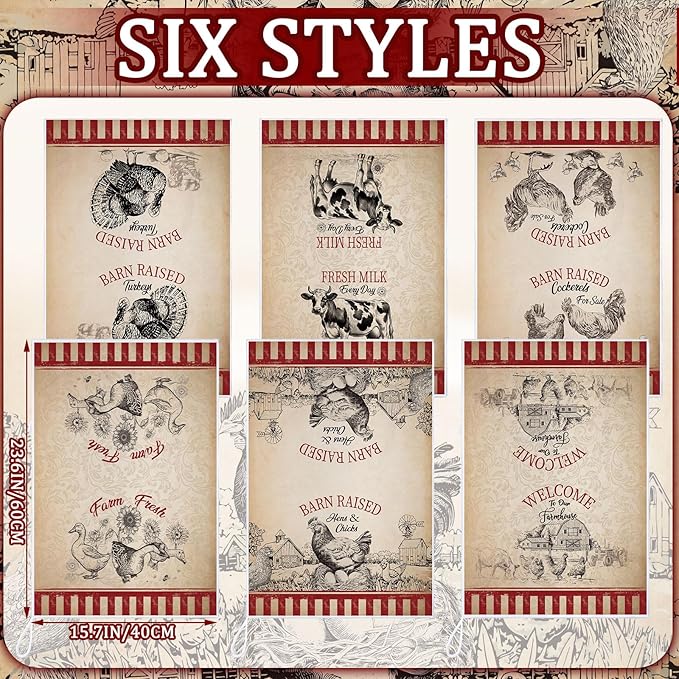 Bencailor 6 Pcs Farmhouse Kitchen Towels Chicken Rooster Kitchen Decor Farm Animal Hand Towels for Cooking Baking Housewarming Gift,15.75 x 23.62 inch(Red Black,Farmhouse)