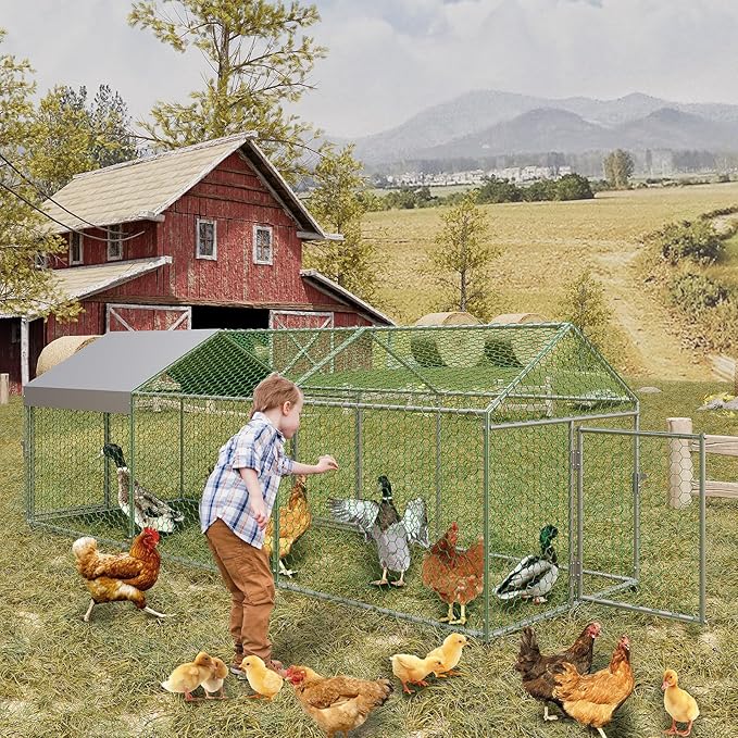Metal Chicken Coop Outdoor Run, Predator-Proof Poultry Cage with Waterproof & Anti-UV Cover, Secure Hen House with Safety Lock for Backyard, Rabbits, Ducks & Geese, Silver 120" X40" X40"