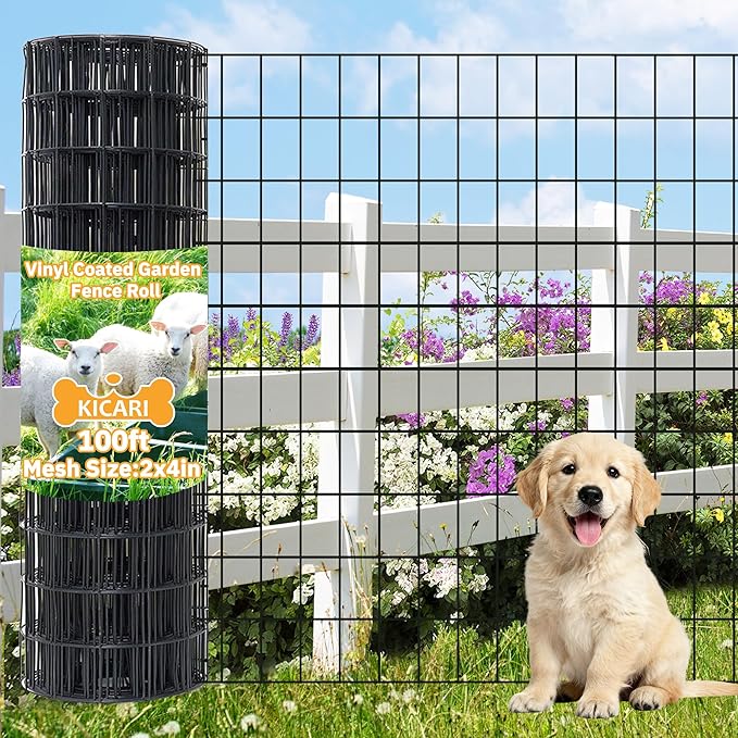 Black Metal Garden Fence, 48inch(H) x 100ft(L), 2 inch x 4 inch,12.5GA 2/3/4/5/6 Ft Tall Chicken Wire PVC Coated Welded Wire Mesh Roll for Dogs Border Yard Vegetable Plant Protection Poultry Netting